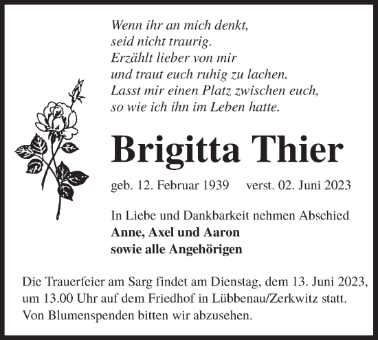 Traueranzeige von Brigitta Thier von Lausitzer Rundschau