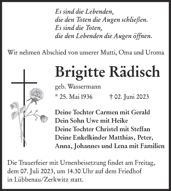 Traueranzeige von Brigitte Rädisch von Lausitzer Rundschau