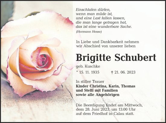 Traueranzeige von Brigitte Schubert von Lausitzer Rundschau