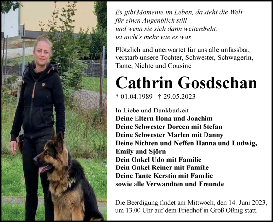 Traueranzeige von Cathrin Gosdschan von Lausitzer Rundschau