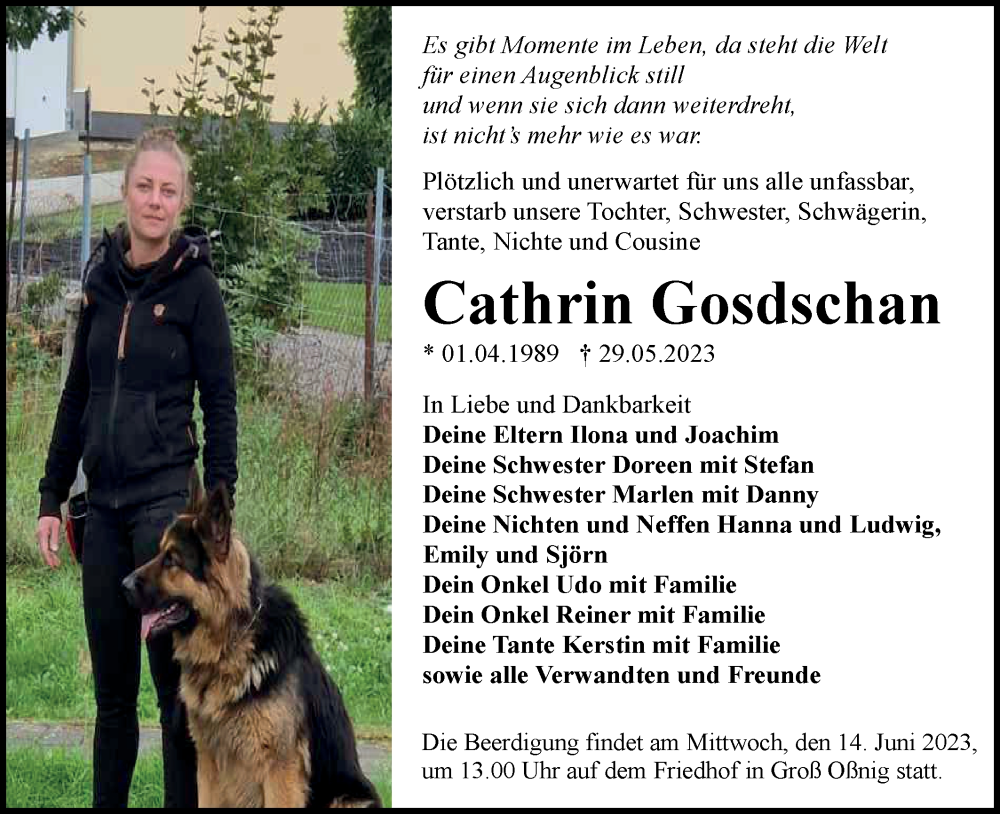  Traueranzeige für Cathrin Gosdschan vom 10.06.2023 aus Lausitzer Rundschau