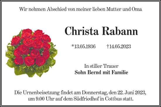 Traueranzeige von Christa Rabann von Lausitzer Rundschau