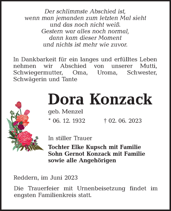 Traueranzeige von Dora Konzack von Lausitzer Rundschau