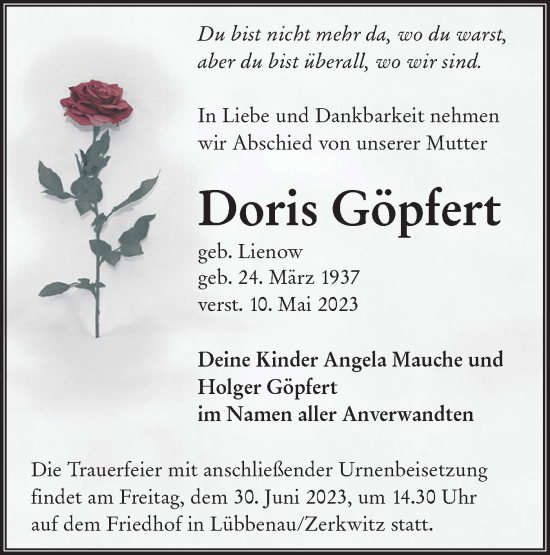 Traueranzeige von Doris Göpfert von Lausitzer Rundschau