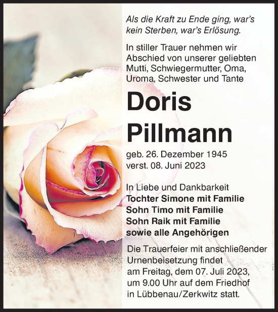 Traueranzeige von Doris Pillmann von Lausitzer Rundschau