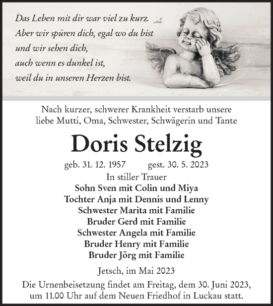 Traueranzeige von Doris Stelzig von Lausitzer Rundschau