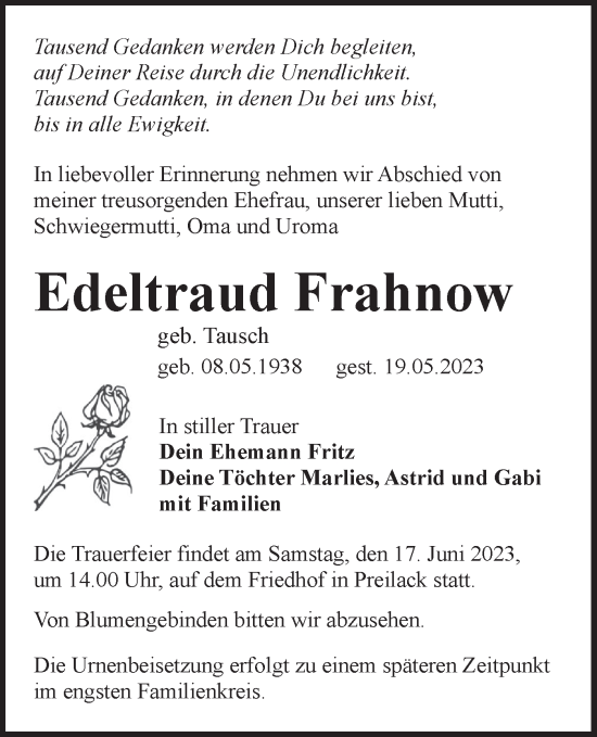 Traueranzeige von Edeltraud Frahnow von Lausitzer Rundschau