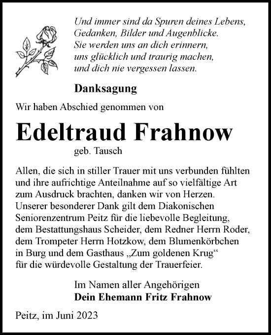 Traueranzeige von Edeltraud Frahnow von Lausitzer Rundschau