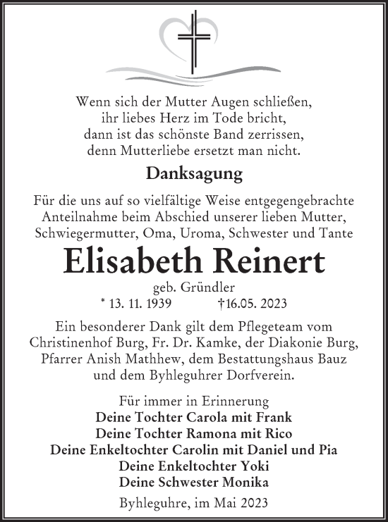 Traueranzeige von Elisabeth Reinert von Lausitzer Rundschau