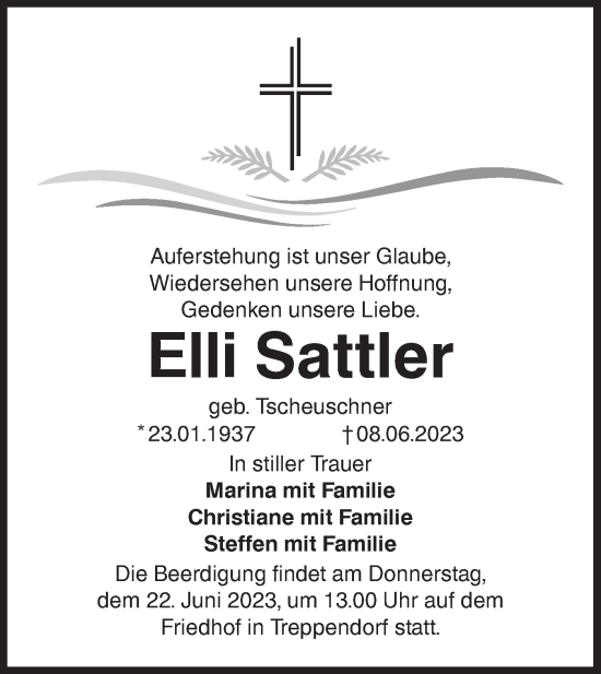 Traueranzeige von Elli Sattler von Lausitzer Rundschau