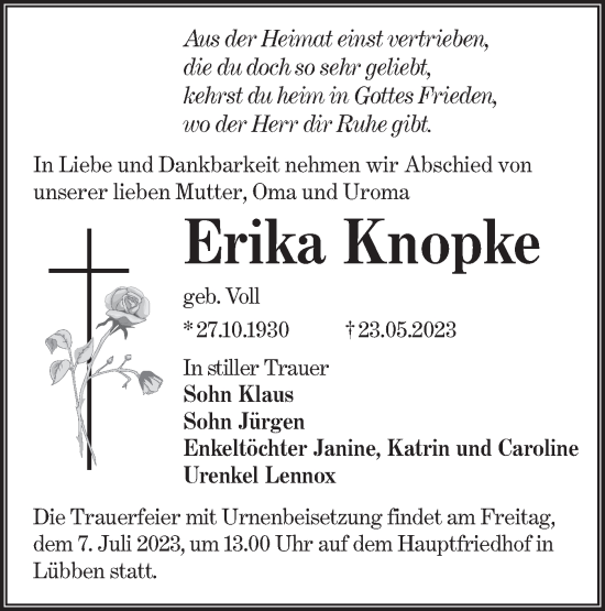 Traueranzeige von Erika Knopke von Lausitzer Rundschau