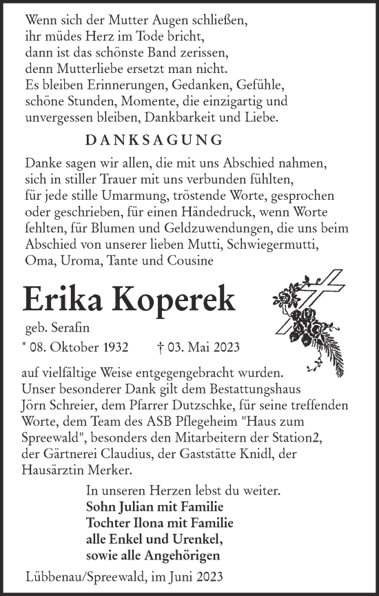 Traueranzeige von Erika Koperek von Lausitzer Rundschau