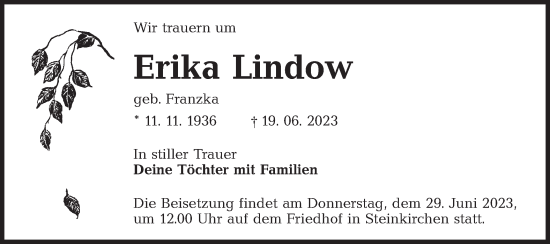 Traueranzeige von Erika Lindow von Lausitzer Rundschau