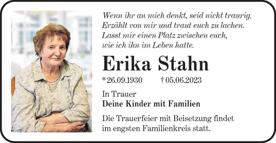 Traueranzeige von Erika Stahn von Lausitzer Rundschau