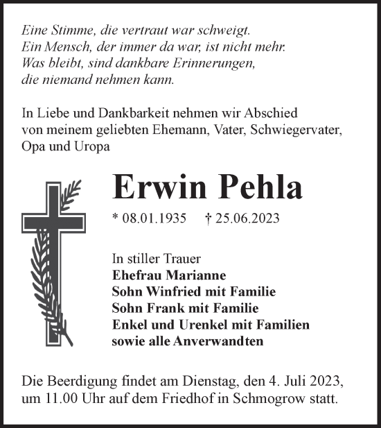 Traueranzeige von Erwin Pehla von Lausitzer Rundschau