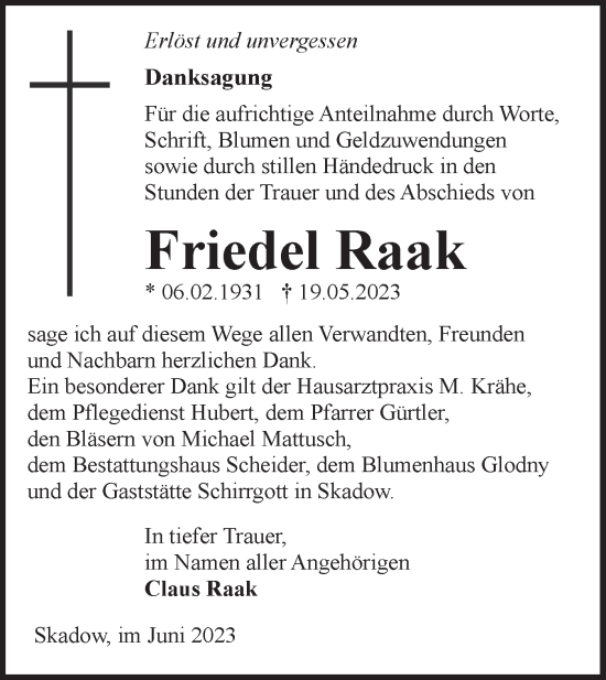 Traueranzeige von Friedel Raak von Lausitzer Rundschau