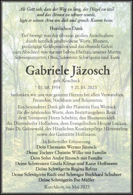 Traueranzeige von Gabriele Jäzosch von Lausitzer Rundschau