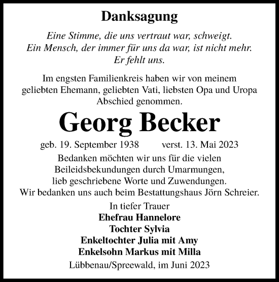 Traueranzeige von Georg Becker von Lausitzer Rundschau