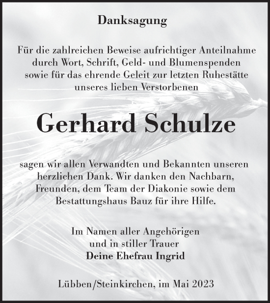 Traueranzeige von Gerhard Schulze von Lausitzer Rundschau