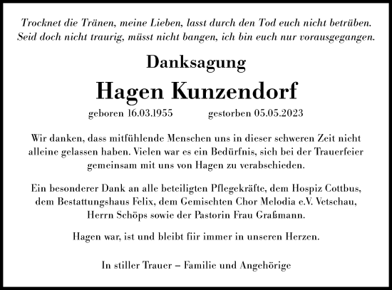 Traueranzeige von Hagen Kunzendorf von Lausitzer Rundschau