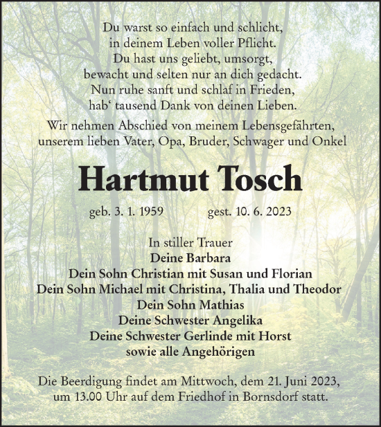 Traueranzeige von Hartmut Tosch von Lausitzer Rundschau