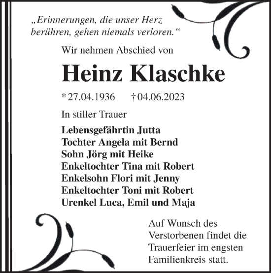 Traueranzeige von Heinz Klaschke von Lausitzer Rundschau