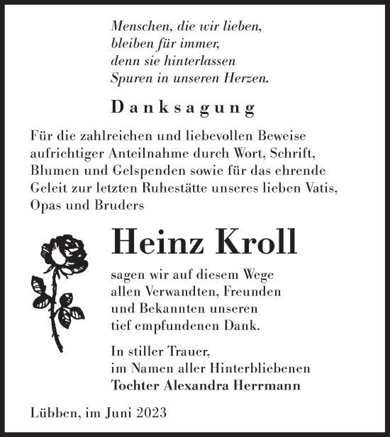 Traueranzeige von Heinz Kroll von Lausitzer Rundschau