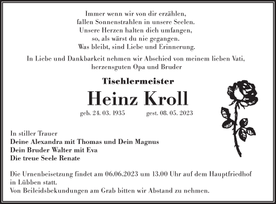 Traueranzeige von Heinz Kroll von Lausitzer Rundschau