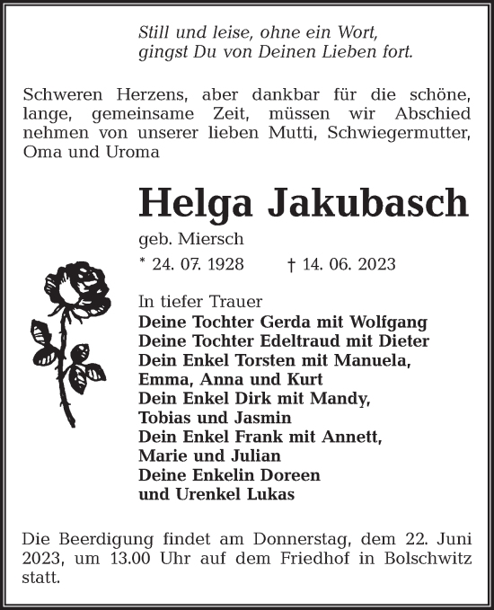 Traueranzeige von Helga Jakubasch von Lausitzer Rundschau