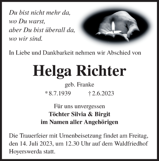 Traueranzeige von Helga Richter von Lausitzer Rundschau