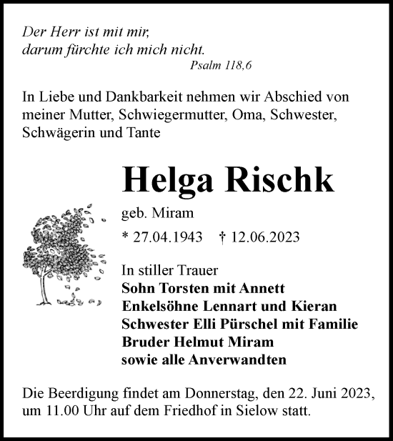 Traueranzeige von Helga Rischk von Lausitzer Rundschau