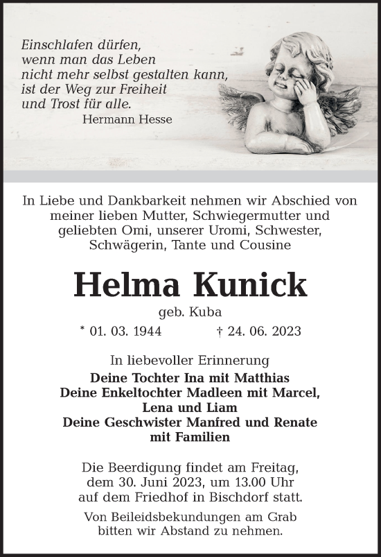 Traueranzeige von Helma Kunick von Lausitzer Rundschau