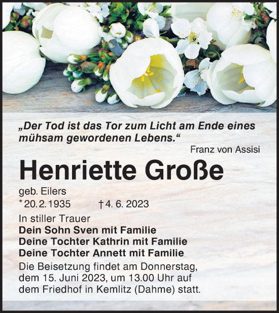 Traueranzeige von Henriette Große von Lausitzer Rundschau