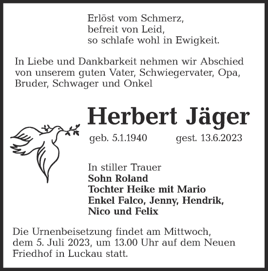 Traueranzeige von Herbert Jäger von Lausitzer Rundschau