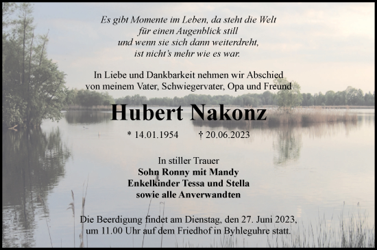 Traueranzeige von Hubert Nakonz von Lausitzer Rundschau