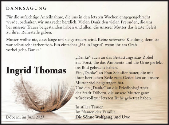 Traueranzeige von Ingrid Thomas von Lausitzer Rundschau