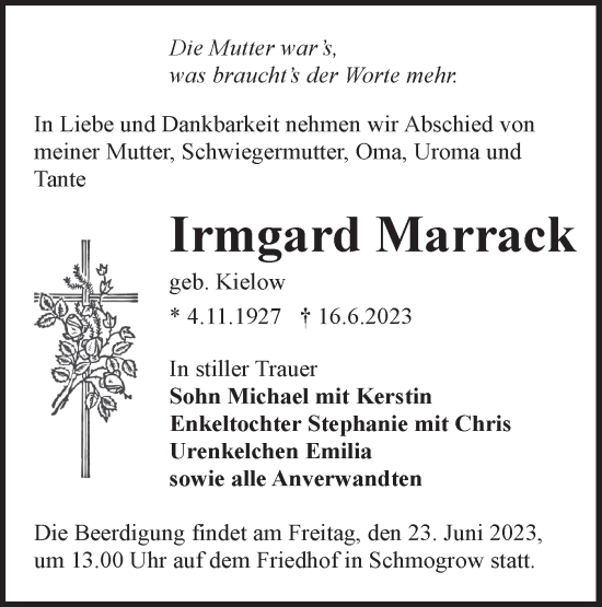 Traueranzeige von Irmgard Marrack von Lausitzer Rundschau