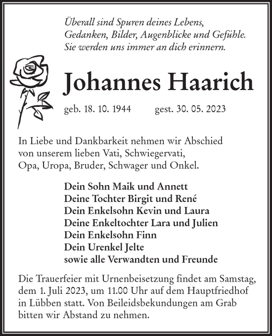 Traueranzeige von Johannes Haarich von Lausitzer Rundschau