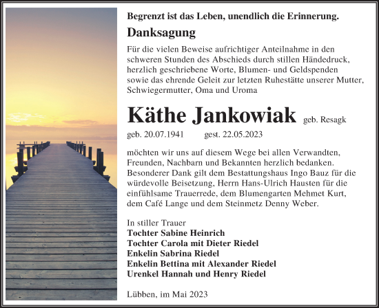 Traueranzeige von Käthe Jankowiak von Lausitzer Rundschau