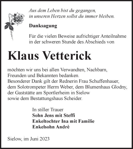 Traueranzeige von Klaus Vetterick von Lausitzer Rundschau