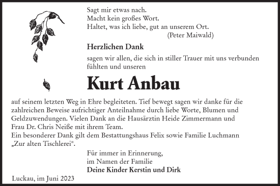 Traueranzeige von Kurt Anbau von Lausitzer Rundschau