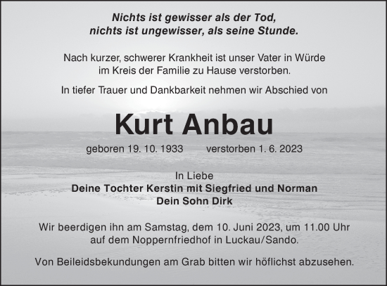 Traueranzeige von Kurt Anbau von Lausitzer Rundschau