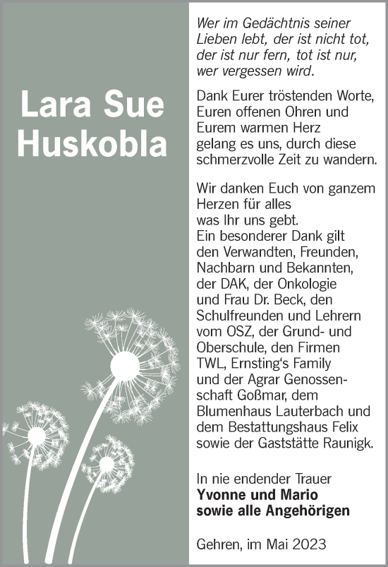 Traueranzeige von Lara Sue Huskobla von Lausitzer Rundschau