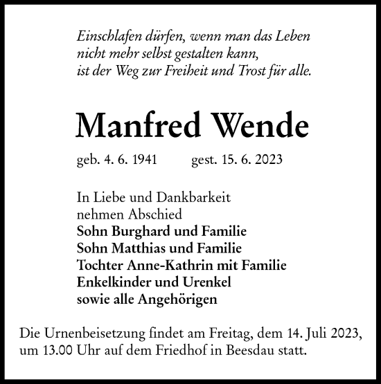 Traueranzeige von Manfred Wende von Lausitzer Rundschau