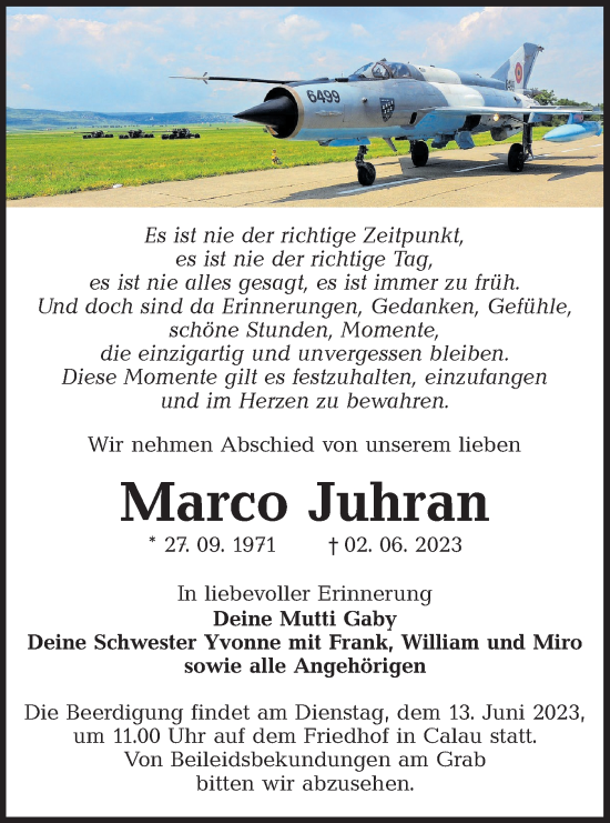 Traueranzeige von Marco Juhran von Lausitzer Rundschau