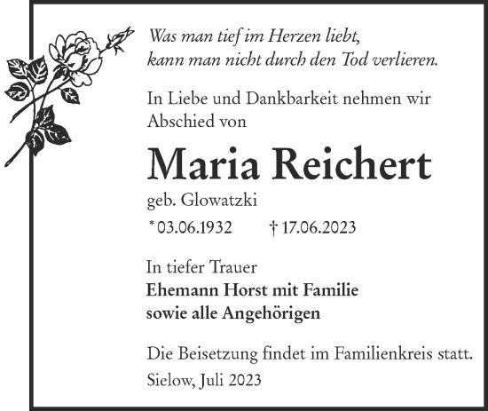 Traueranzeige von Maria Reichert von Lausitzer Rundschau