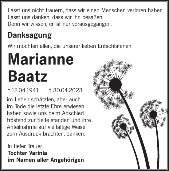 Traueranzeige von Marianne Baatz von Lausitzer Rundschau