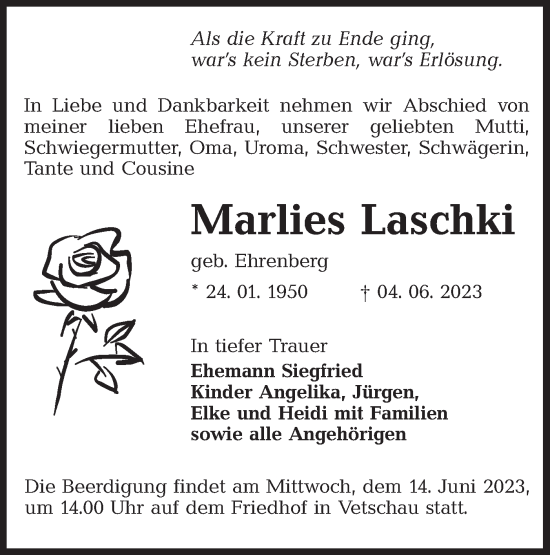 Traueranzeige von Marlies Laschki von Lausitzer Rundschau