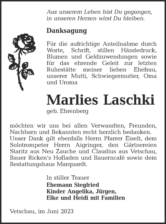 Traueranzeige von Marlies Laschki von Lausitzer Rundschau