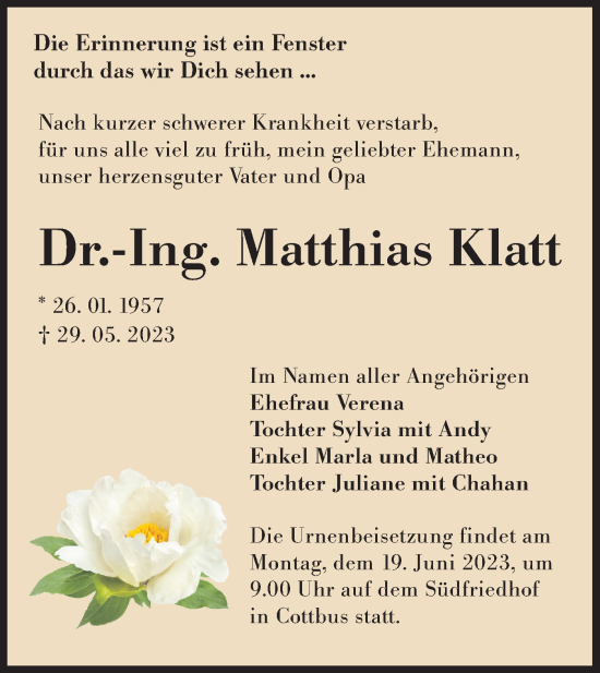 Traueranzeige von Matthias Klatt von Lausitzer Rundschau